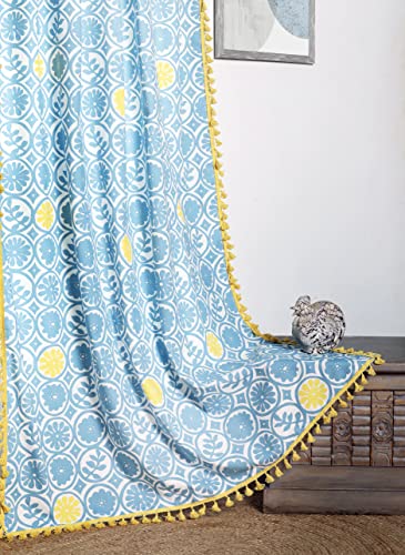 Image of Tranquebar Curtain Co. 152 cm (5 Feet), Blue & Yellow Geometric Print, 1 Piece, 100% Cotton Fabric,Eyelets- Window Curtain 5 Feet