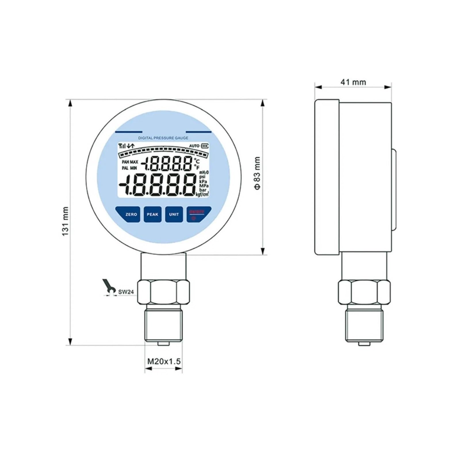 Edelstahl-Manometer, Genauigkeit 0,2% Manometer LCD-Display Temperaturmessung Digitaler Luft-Öl-Wasser-Druck(0-100Mpa)