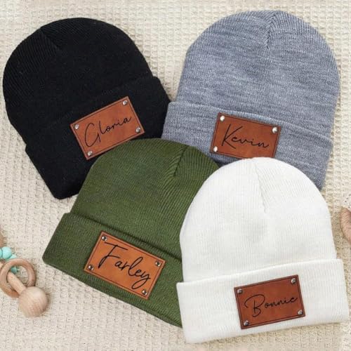 Personalized Baby Beanie with Name, Custom Leather Patch Toddler Winter Hat Baby Boys Girls Knit Warm Beanies Kids2