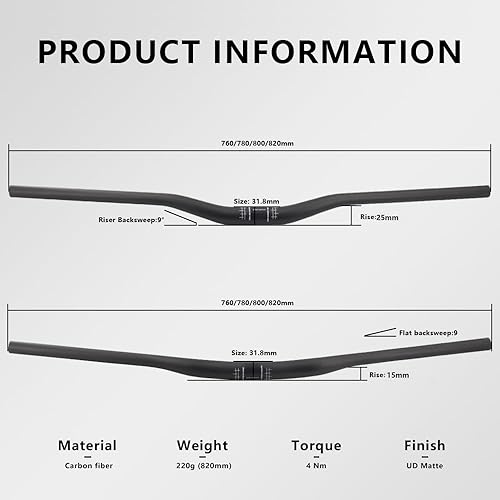 Miniatura 4 de Manillar MTB, manillar de carbono para bicicleta de montaña, descenso, barra elevadora de fibra de carbono 31.8 manillar UD mate 780 carbono