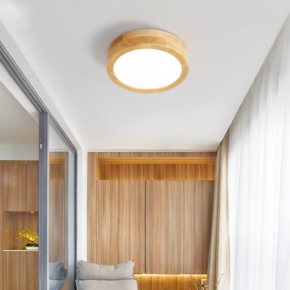 LED Deckenlampe mit Bewegungsmelder 12W - Holz Deckenleuchte mit Bewegungssensor Sensor und Dämmerungssensor - Wood Deckenbeleuchtung für Flur, Treppe, Veranda, Garage, Korridor, Balkon, Keller