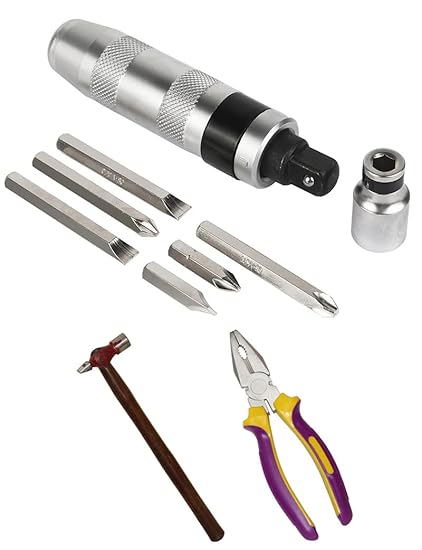 Digital Craft Combo of 3 Items Impact Screwdriver Set Multi-Purpose Chrome Vanadium Steel Portable Screw Driver Chisel Bits Professional Tools with Plier & Hammer