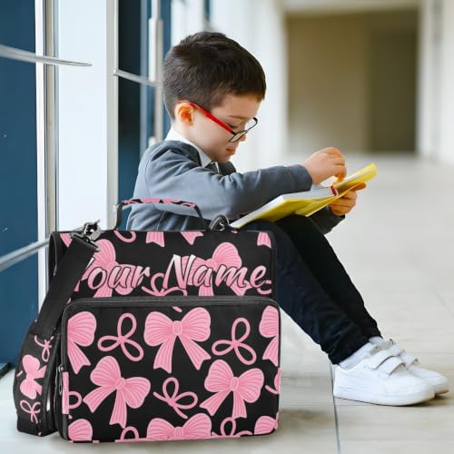 Image of Custom 3 Ring Zipper Binder Pink Bow Black Personalized Name 1.5 Inch Binders Large Capacity Multi Pockets for School Office Supplies