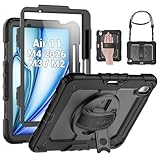 SEYMAC Coque pour iPad Air 11 Pouces M4 2026/M3 2025/M2 2024, Coque pour iPad Air 8/7/6, Étui Antichoc avec Protecteur d'écran, Support Rotatif à 360° et Dragonne, Bandoulière, avec Porte Stylo, Noir