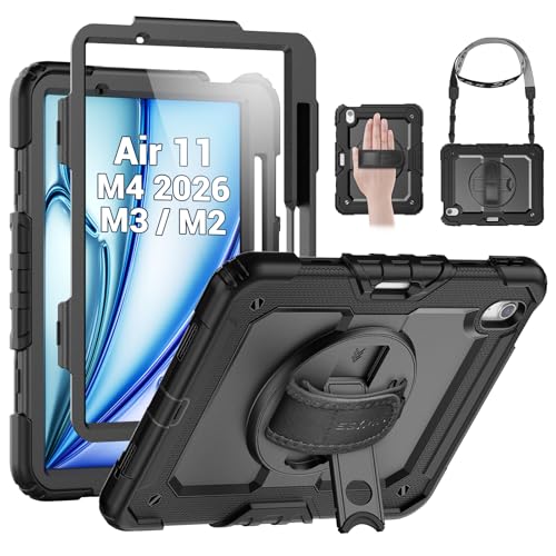 SEYMAC Coque pour iPad Air 11 Pouces M4 2026/M3 2025/M2 2024, Coque pour iPad Air 8/7/6, Étui Antichoc avec Protecteur d'écran, Support Rotatif à 360° et Dragonne, Bandoulière, avec Porte-Stylo, Noir