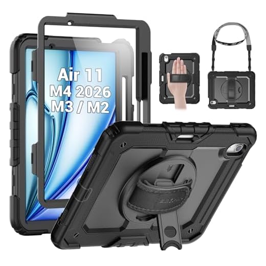 SEYMAC Hülle für iPad Air 11 Zoll M4/M3/M2 (2026/2025/2024), Stoßfeste schutzhülle mit Displayschutz, Stifthalter, 360° Drehbarer Ständer/Handschlaufe, Schultergurt, Schwarz