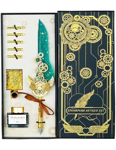 Quill Plume et encre, kit de calligraphie, kit de calligraphie comprenant un stylo à plume antique, 5 plumes, 1 flacon d'encre, porte-stylo pour débutants,...