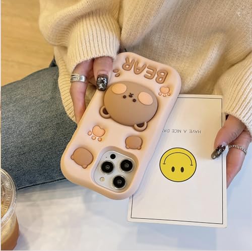 Image of MIDOS Back Cover Compatible With iPhone 14 Pro Max Soft Silicone 3D Cute Cartoon With Holder Full Protective Case For iPhone 14 Pro Max (Bear),Beige
