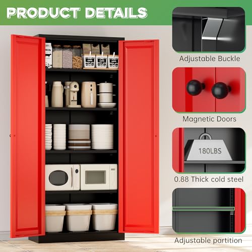 Image of INTERGREAT Metal Storage Cabinet with Magnetic Doors, 63 inch H Traditional European Style Metal Cabinets with 2 Doors and 4 Adjustable Shelves for Home Office, Kitchen, Bathroom (Black Red)