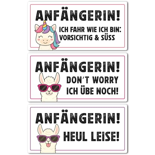 P010 Anfänger Aufkleber 3er Set – Auswahl: Anfänger oder Anfängerin – Lustige Autoaufkleber für Fahranfänger – wetterfest – PrintAttack – je 17x8,5 cm (Variante 1 Anfängerin)