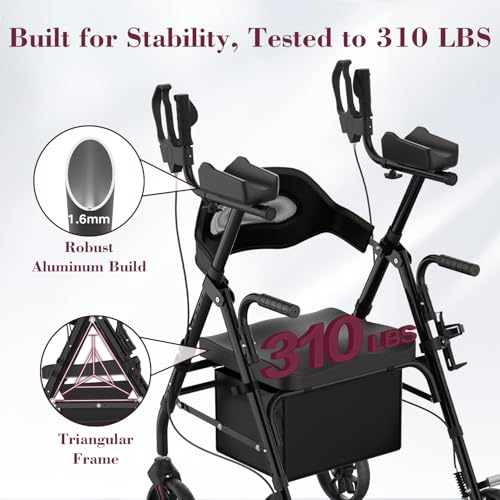 Image of Upright Rollator Walker, Heavy Duty Stand Up Walkers for Seniors with Seat and Reversible Backrest, Foldable Standing Rollator with 8 inch Anti-Slip PU Wheels, Black
