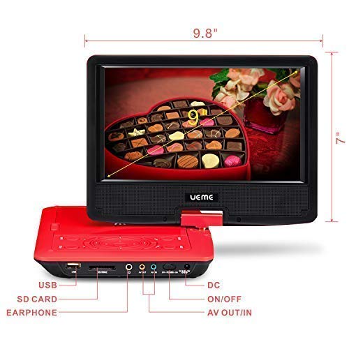 UEME Portable DVD Player with 9 inches Swivel Screen, Remote Control, Rechargeable Battery, AC Adapter Car Charger, Mobile DVD Player (Red) - Thumbnail 6