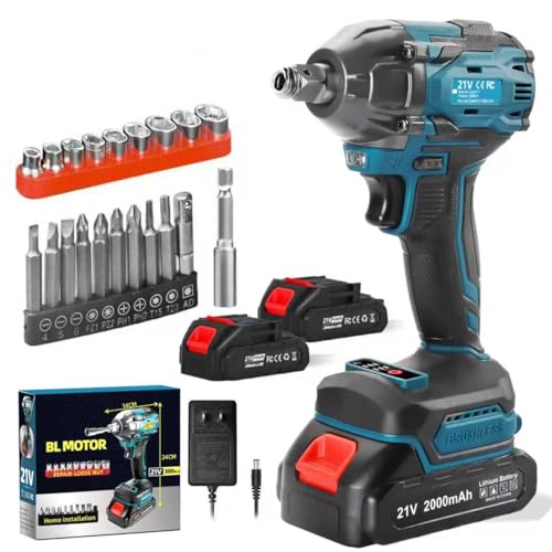 Tools 007 - Llave de impacto inalámbrica de 500 N.m, driver de impacto de potencia de alto par de 21 V, pistola de impacto sin escobillas de 1/2 pulgada con batería de iones de litio de 2.0 Ah, motor