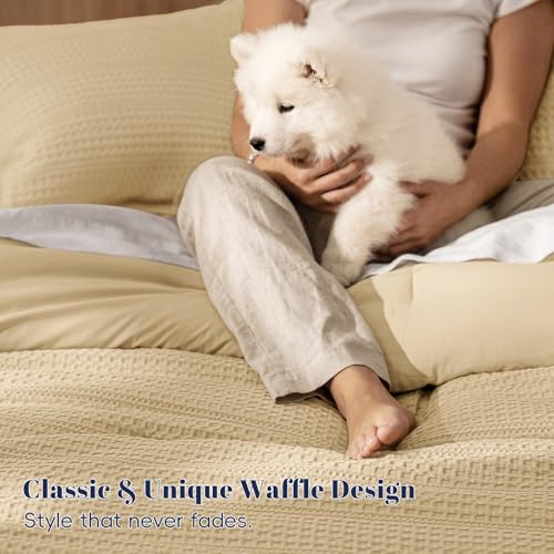 Image of PHF Soft Waffle Comforter Set King Size- Comfy Breathable Waffle Weave Comforter with 2 Pillow Shams, 3 Pieces Less Snagging Lightweight Textured Bedding Set for All Season, Light Khaki