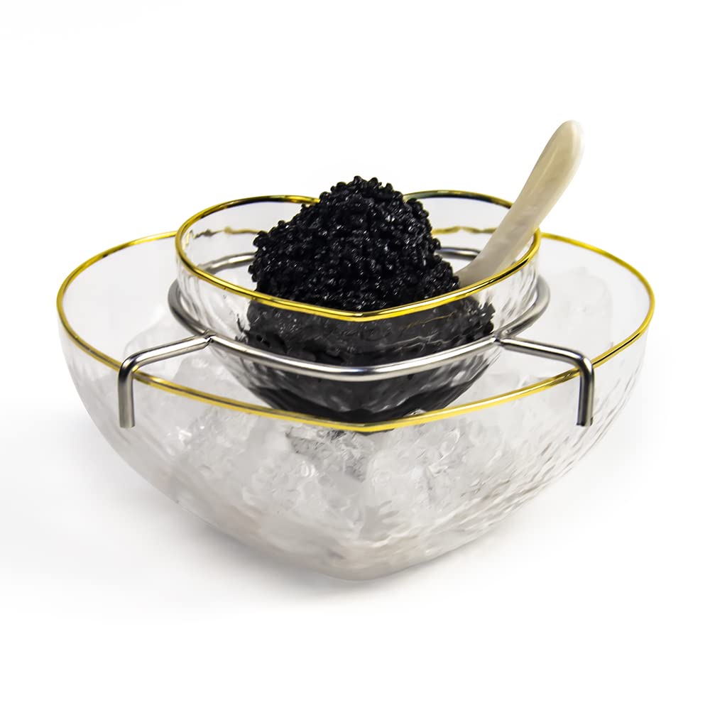 DUEBEL Plat à caviar en verre avec bord plaqué or en forme de cœur + 2 cuillères en nacre – Refroidisseur de caviar et crevettes pour bar, restaurant, restauration