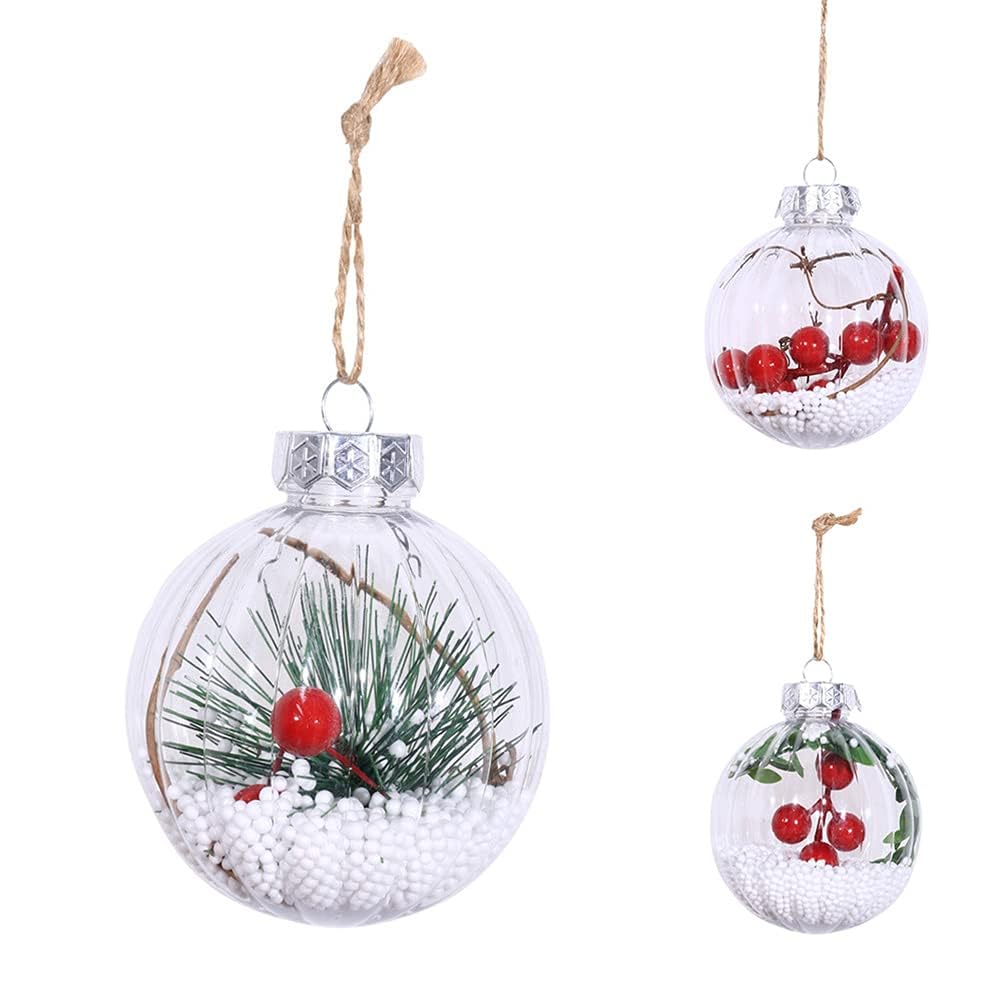 2 Piece Christmas Bulb Ornament Balls Clear Glass Ball Craft Baubles Fillable Unbreakable Shatterproof Hanging Tree Snow Berry Pine Filling
