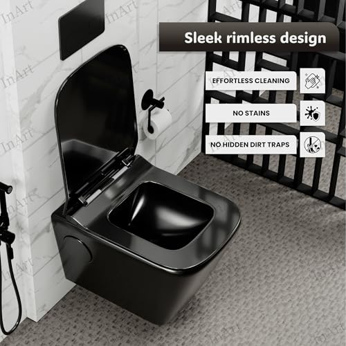 Image of InArt Ceramic Wall Hung Rimless Western Toilet Commode with Soft Close Seat for Bathroom - P Trap Outlet from Wall (Black Glossy)
