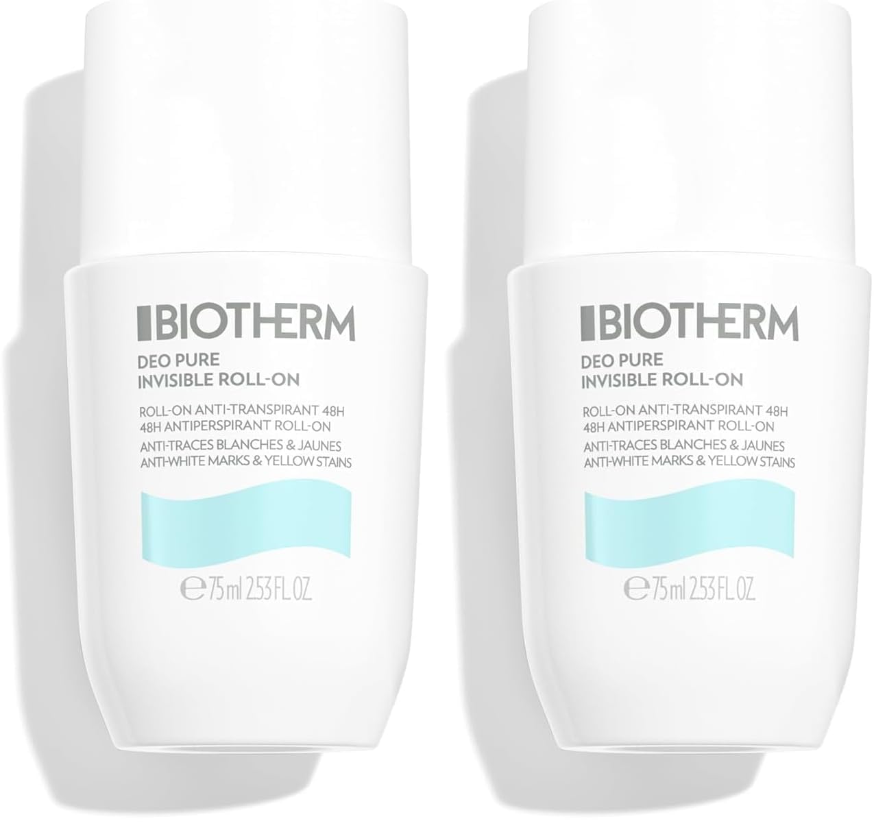 BIOTHERM, Deo Pure Invisible Roll-On, Deodorante Roll-On Antitraspirante, Efficace fino a 48H, Anti Macchie Bianche e Gialle sui Vestiti, 75ml (Confezione da 2)