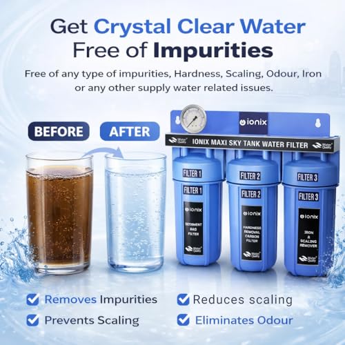 Image of IONIX Sky Tank filteration system with German Housings | Water filter for Flats /Water filter for Builder floors | Small size 12 inchesWhole house|, 1 Set, Blue