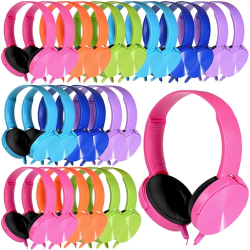 Wensdo Paquete de 24 auriculares a granel para aula, al por mayor multicolor para estudiantes, cómodos auriculares giratorios para biblioteca, escuela, avión, niños para aprendizaje en línea y viajes