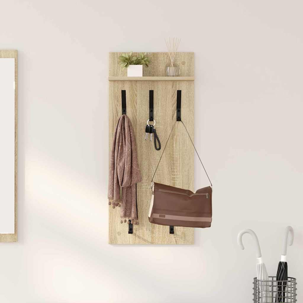Perchero de pared de roble Sonoma 90 x 40 x 10 cm diseño moderno con 3 estantes y ganchos robustos para pasillo, salón y baño
