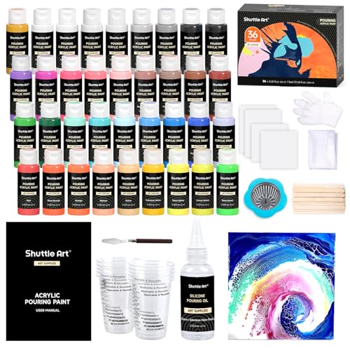 Shuttle Art Pouring Acrylfarben Set, 36 Flaschen Pouring Acrylfarben (je 60m/2oz) mit Silikonöl, Leinwand, Messbecher und komplettem Zubehör, vorgemischtes Pouring Medium Acryl für Stein, Holz, Papier