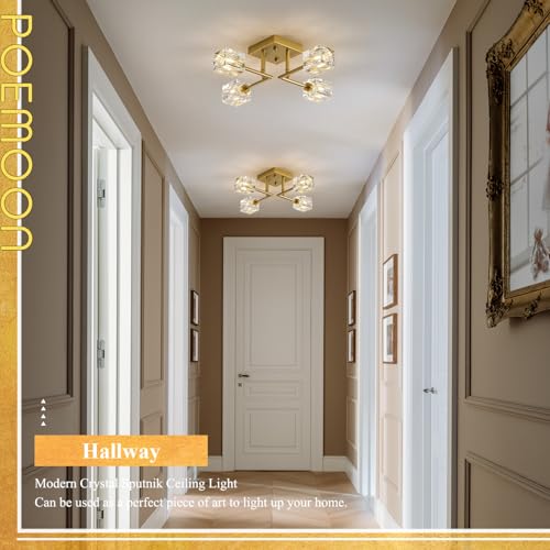 Image of Modern Gold Sputnik Chandeliers 4-Light Crystal Semi Flush Mount Ceiling Light Fixture Industrial 18 inch Chandelier for Hallway Entryway Kitchen Bedroom Dining Room