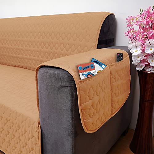 Image of DREAM KING 3 Layers Reversible Sofa Cover Polyester 4 Seater Quilted Sofa Cover with Side Pockets Beige & Maroon