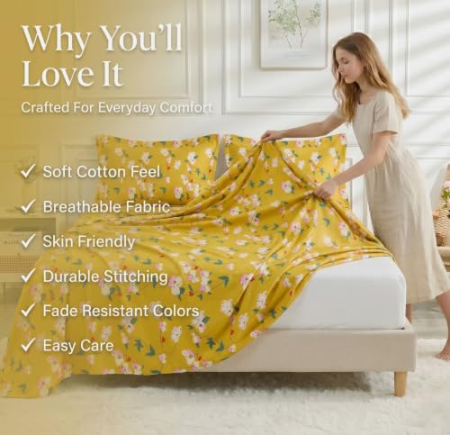 Image of BSB HOME 210 TC Cotton Feel Double Bedsheet with 2 Pillow Covers, Soft & Breathable Floral Printed Bed Sheet, Easy Care Bedding for Bedroom - 86 x 88 Inches (218 x 224 cm) (Mustard Yellow)