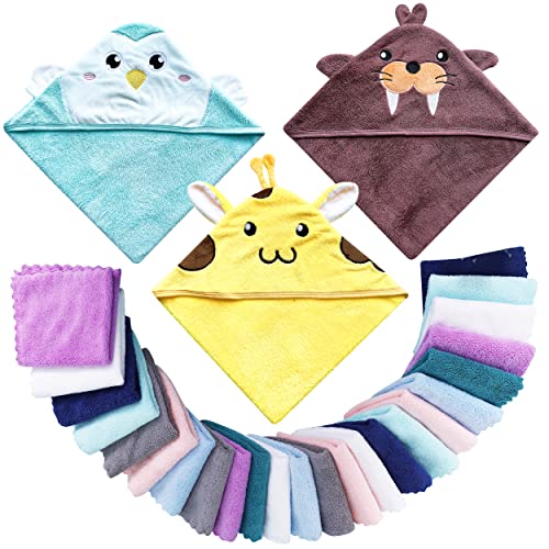 Image of Lovely Care 3 Pack Baby Hooded Bath Towel with 24 Count Washcloth Sets for Newborns Infants & Toddlers, Boys & Girls - Baby Registry Search Essentials Item - Giraffe, Penguin, Seal