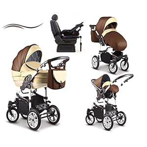 17 teiliges Qualitäts-Kinderwagenset - Reisesystem 4 in 1"COSMO": Kinderwagen + Buggy + Autokindersitz + Iso Base + Schwenkräder - Mega-Ausstattung - Farbe (C-48) CREME-BEIGE-MOCCA