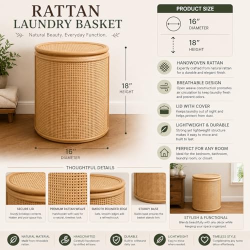 Image of wicker Laundry Basket with Lid| round laundry basket with lid | storage Laundry Hampers(16 inchD, 18 inchH)(Beige)