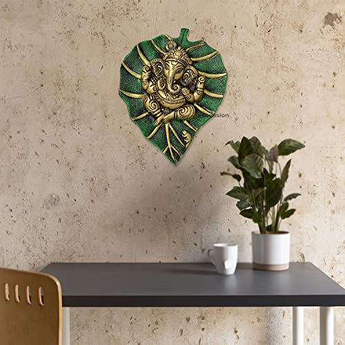 Image of ascension Ganpati Metal Green Lord Leaf Ganesh Idol Patta Statue Decorative Wall Hanging Showpiece Figurine (Green & Golden)