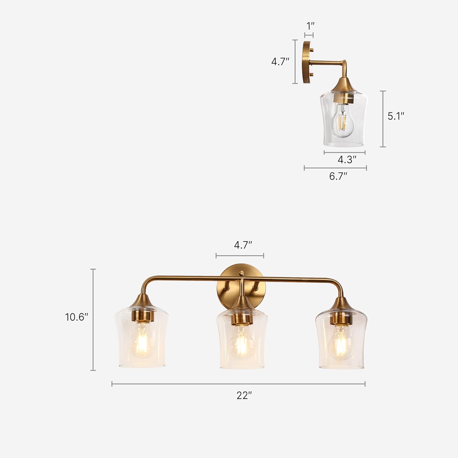 KSANA Gold Bathroom Light Fixture, 3-Light Vanity Light Over Mirror, Modern Glass Wall Sconce with Electroplated Antique Brass Finish