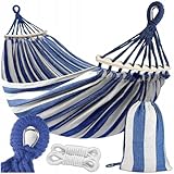 KRUMAD Hängematte 260 cm, Belastbar bis 250 kg, Wetterfest, Baumwoll-Polyester, für Garten, Balkon, Camping, mit Holzstreben & Tragetasche (Blau-Weiß, Ohne Gestell)