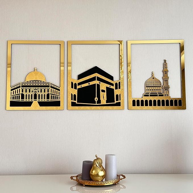 The Fab Store Masjid Al Aqsa, Masjid Al-Haram & Masjid An-Nabawi Islamic Wall Art | Wooden Acrylic Kaaba Wall Decor | Ramadan Decoration | Muslim Gift | (Medium, Gold | All Three)