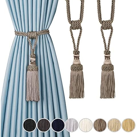 Fenghuangwu 2PCS Curtain Tassel Tiebacks, Handmade Tassels Curtain Tie-Backs Rope Holdbacks for Home Office Decor-Flaxen Cover