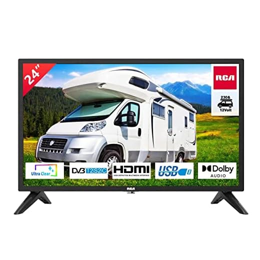 RCA RB24H2CU TV de 24 Pulgadas (TV de 60 cm), para Casas móviles y caravanas, Adaptador de Coche de 12 V, Dolby Audio, DVB-C/T2/S2, VGA, HDMI, USB, Salida de Audio Digital, Incl. Modo Hotel,230V/12V