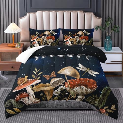 Tuzaovy Mushroom Bedding - Queen Size Boho Mushroom Decor Black Comforter Set