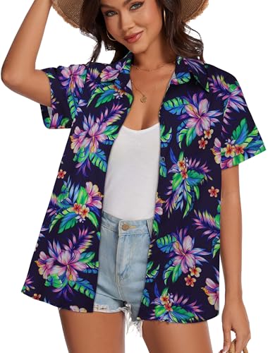 Image of Women Hawaiian Shirt Button Down Summer Tops Beach Short Sleeve Blouse