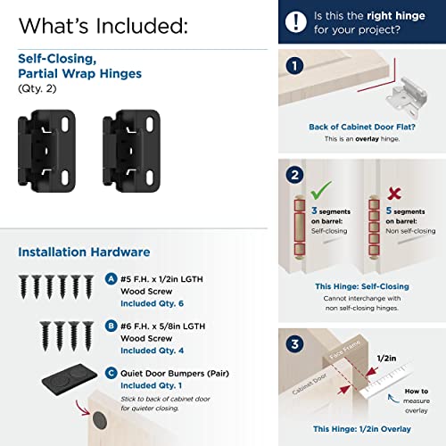 Image of Amerock 1 Pair 1 /2 inch Overlay Matte Black Partial Wrap Cabinet Hinge