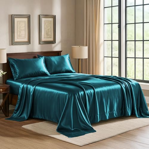 Pure Bedding Satin Sheets Full [4-Piece, Teal] Hotel Luxury Silky Bed Sheets - Extra Soft 1800 Microfiber Sheet Set, Wrinkle, Fade, Deep Pocket Fitted Sheet, Flat Sheet, Pillow Cases