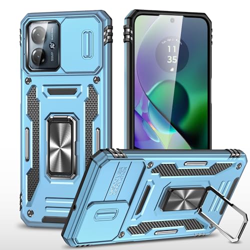 Image of Slide Camera Cover with Ring Holder Mobile Phone Case Cover for Motorola Moto G54 (Blue)