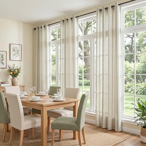 Image of MYSKY HOME Green Linen Striped Curtains 84 Inches Long Light Filtering Ticking Stripe Pinstripe Patterned Country Cottage Core Window Drapes for Bedroom Living Room, Grommet, 2 Panels, 52 inch Wide