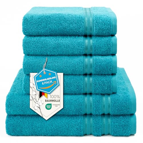 Hammetex Lot de 6 Serviettes 100% Coton 500 GSM – 2 Serviettes de Bain 70x140 cm + 4 Serviettes à Mains 50x100 cm, Douces, Absorbantes, Certifiées...