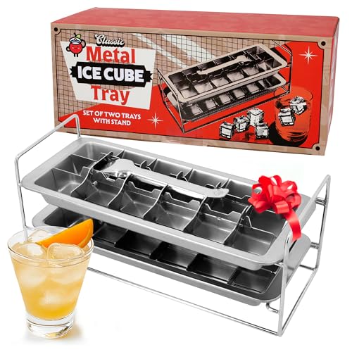 Captain Cranberry Stainless Steel Double Ice Cube Trays with lever and Stand (11