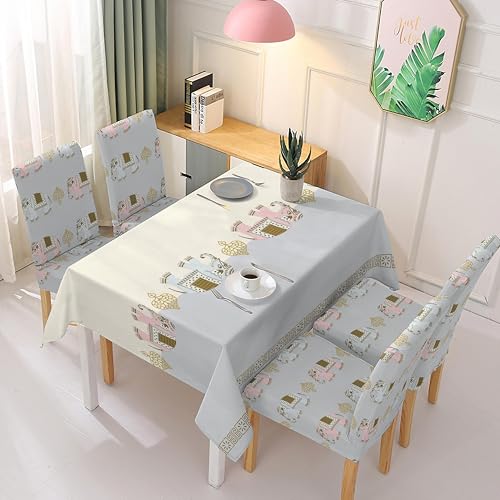 Image of Styleys Dining Chair Covers with Rectangular Table Cover | Waterproof Dining Table Cloth for Kitchen & Dining Room - 1 Table Cover + 4 Chair Cover, Beige-Grey Elephant Print, XKFSZB-8A
