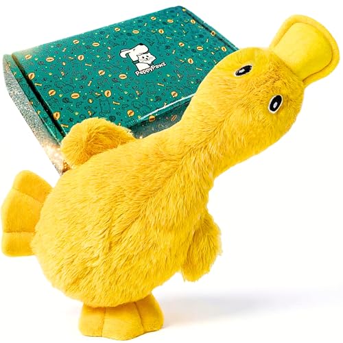 Minimal Stuffing Squeaky Crinkle Soft Plush Yellow Cute Duck Dog Toy in Gift Box for Birthday Present, Cuddly Interactive Calming Snuggle Toy for Puppies, Small & Large Pets, Boredom & Anxiety Relief