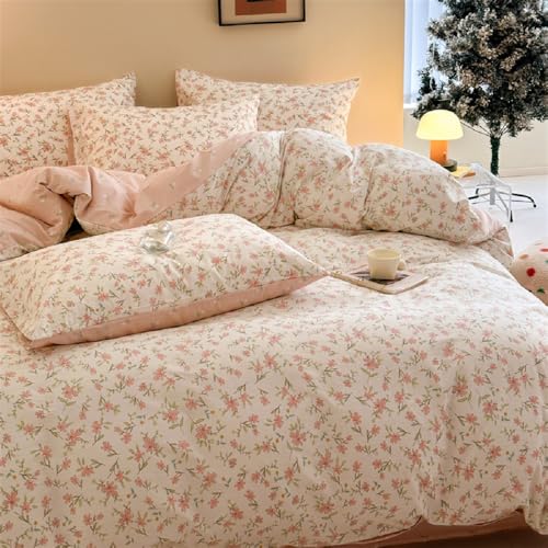 Image of Floral Duvet Cover Queen Size Pink Flower Reversible Bedding Set Garden Flower Botanical Soft & Lightweight Microfiber Comforter Cover Set with Zipper Closure and 2 Pillowcases