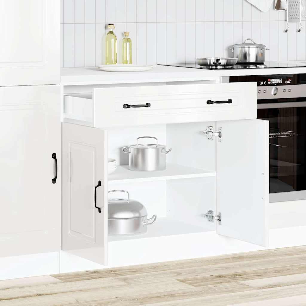 vidaXL Armoire de Cuisine Kalmar Blanc Brillant Bois ingénierie, Meuble Bas d'évier, Meuble Bas de Cuisine avec tiroir, Meuble Bas de Cuisine avec Porte